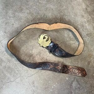 Brown leather Aztec Mexican style belt with gold Phoenix buckle 100% brass